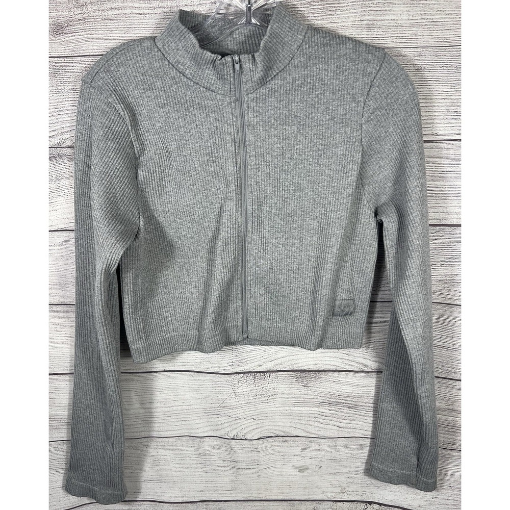 Sommer Ray Cropped Long Sleeve Ribbed Active Gray Full Zip Top Women's Large